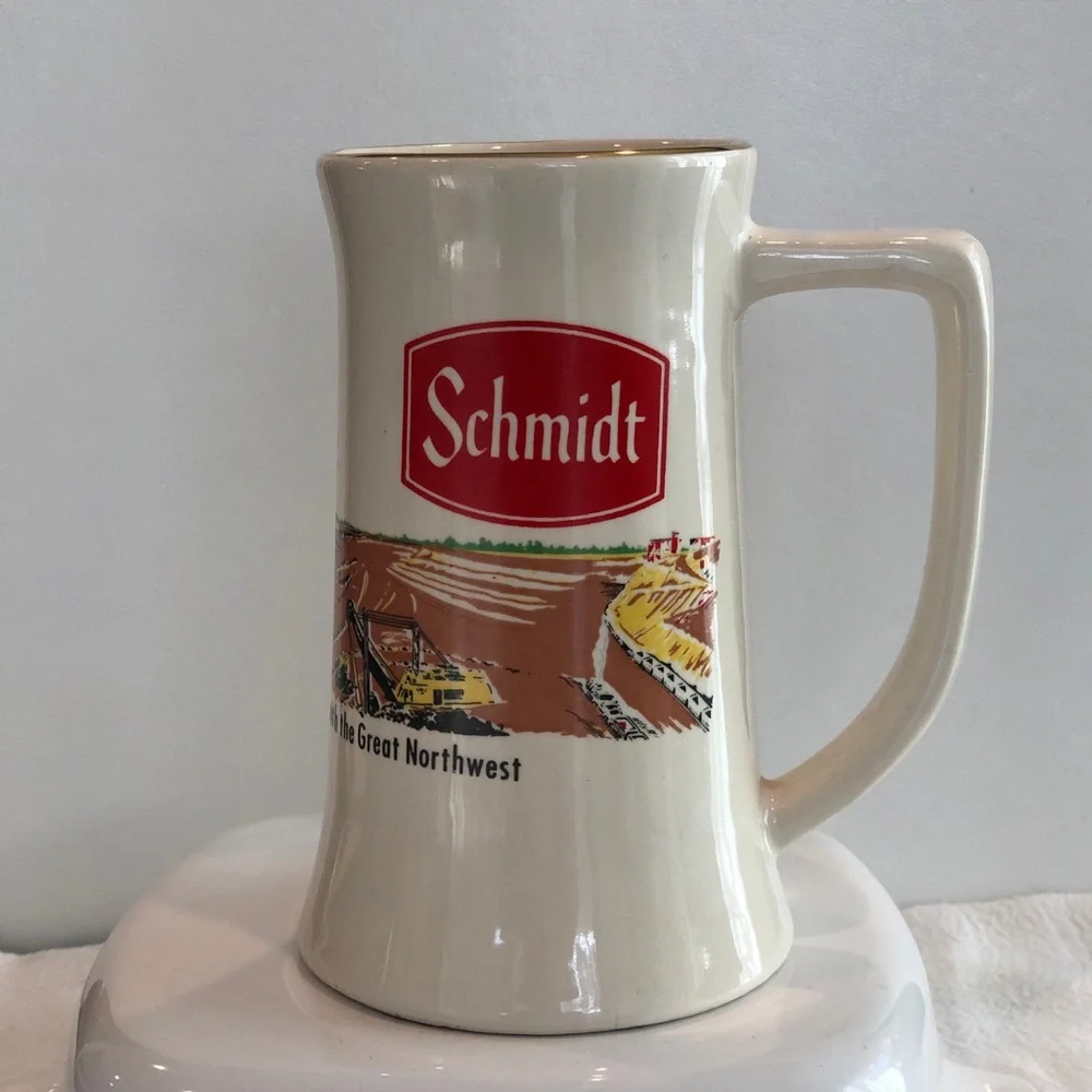 Vintage Schmidt Ceramic Beer Stein Mug in Cream with Red Logo - Picture 1 of 9